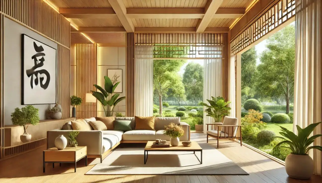 Soggiorno luminoso con divano angolare, tavolino e vista su un giardino rigoglioso. L'arredamento in legno e le piante creano un'atmosfera rilassante, in linea con i principi del feng shui.
