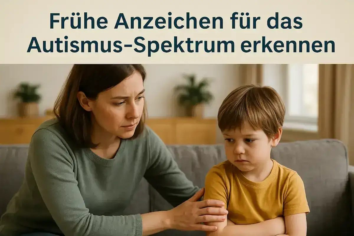 Besorgte Mutter tr&ouml;stet ihren Sohn, der Anzeichen von Autismus-Spektrum-St&ouml;rung zeigen k&ouml;nnte. Fr&uuml;he Erkennung ist wichtig.