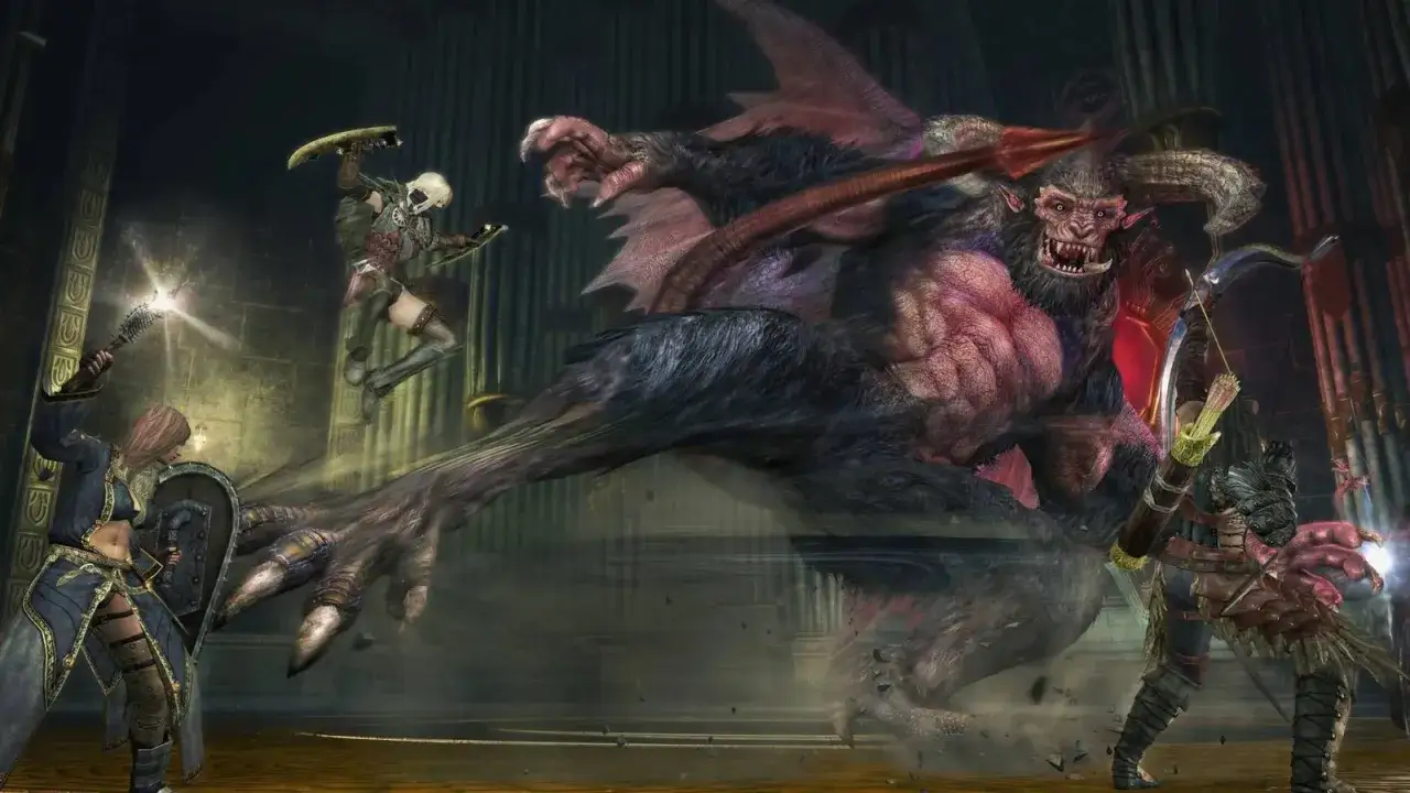 Guerreros luchan contra un monstruo gigante en Dragon's Dogma Online.