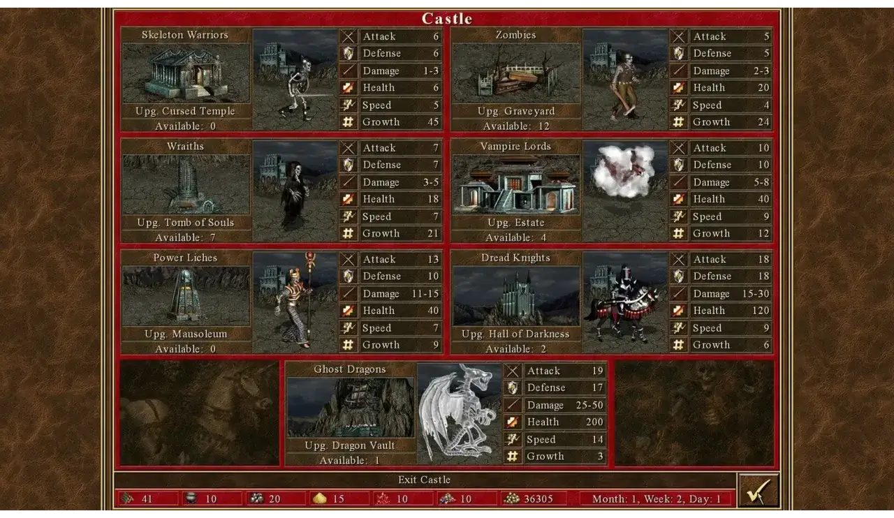 Ekran gry z jednostkami zamku: szkielety, zombie, upiory, wampiry, licze, rycerze, smoki. Idealne gry na słaby pc.