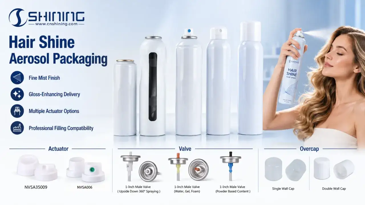 Glänzendes Haar mit unserem Shine Spray Haare Aerosol Packaging. Verschiedene Ventile und Kappen für perfekten Halt.
