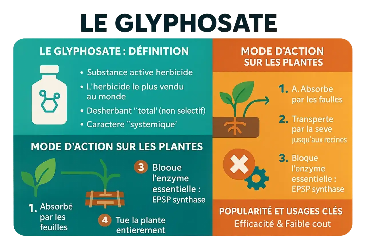 Infographie expliquant le glyphosate, son mode d'action sur les plantes et sa popularité en France.