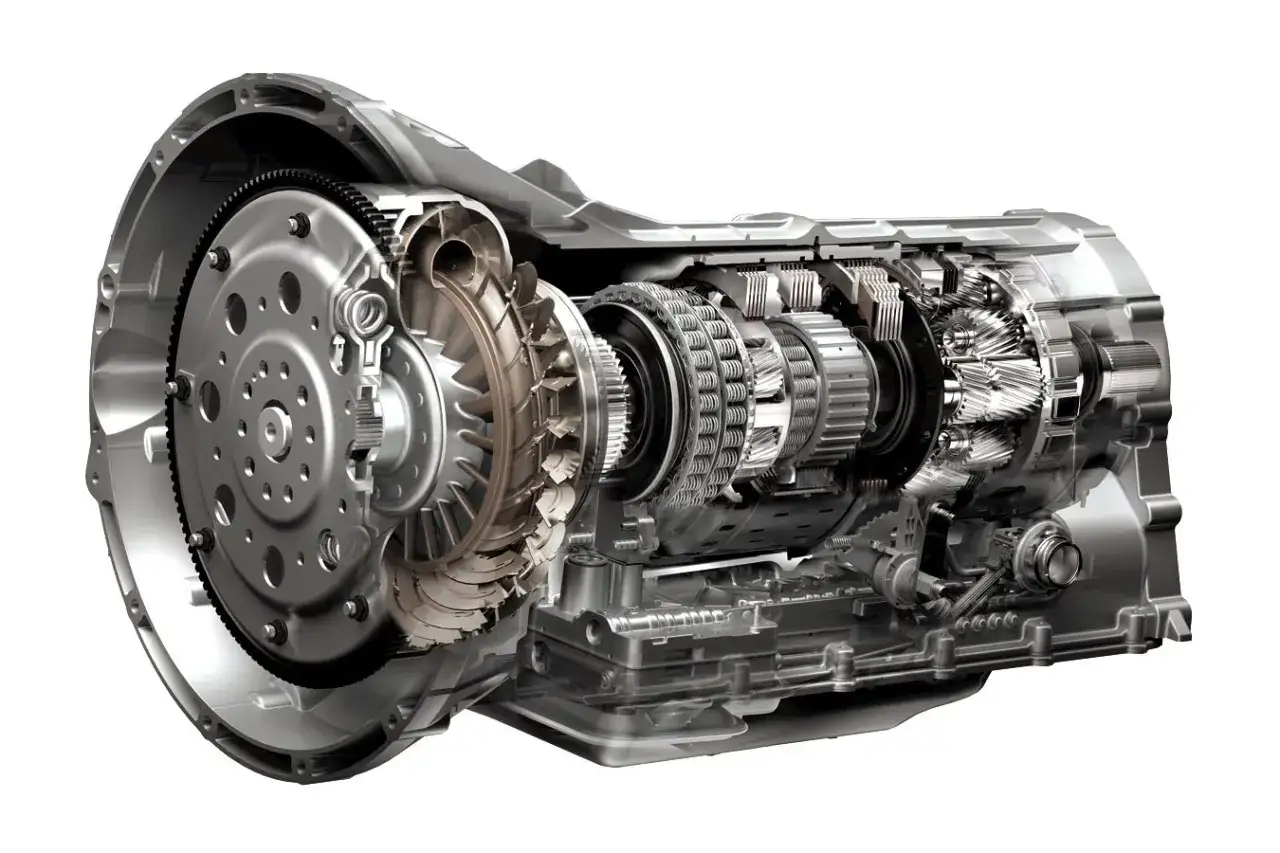 Przekrój nowoczesnej automatycznej skrzyni biegów z widocznym momentem obrotowym i mechanizmem planetarnym.