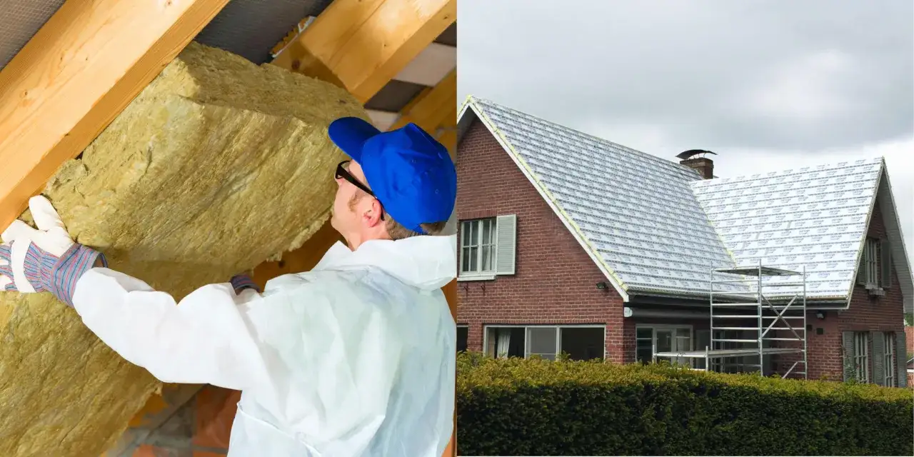 Un ouvrier installe de l'isolant dans un grenier, une &eacute;tape cl&eacute; de la r&eacute;novation maison ancienne. Le toit de la maison est recouvert d'une nouvelle membrane.