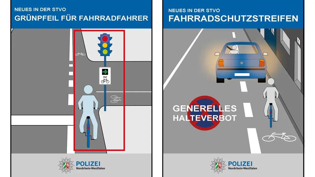 Links: Radfahrer darf bei Rot rechts abbiegen. Rechts: Radschutzstreifen mit generellem Halteverbot, vz 340.