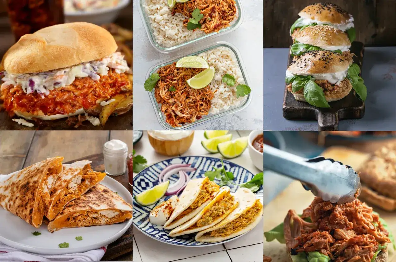 Kolorowa kompozycja dań z szarpanym kurczakiem: burgery, quesadillas, tacos i ryż z kurczakiem.