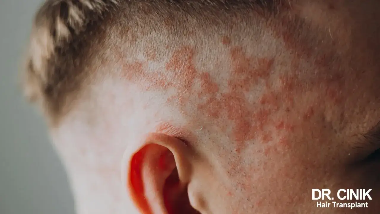 Cuir chevelu irrité avec des plaques rouges et des signes de peau morte, près de l'oreille.