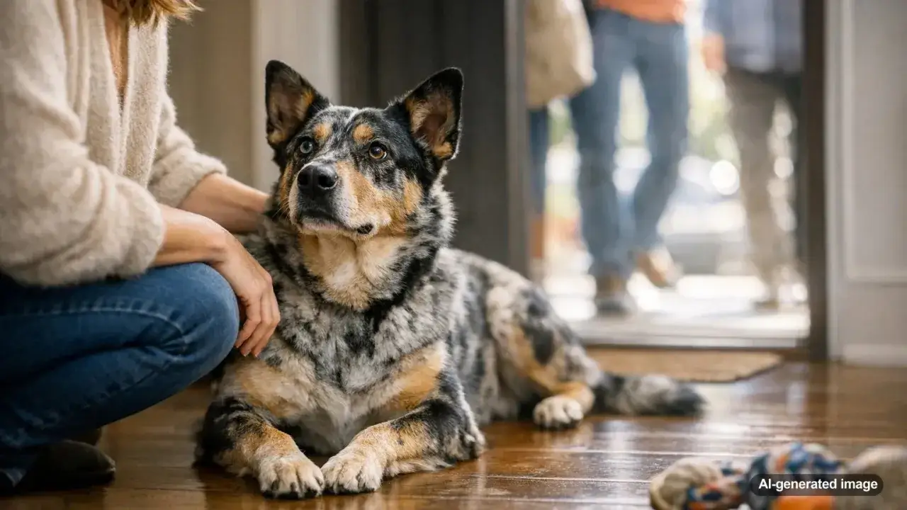 A person kneels beside a dog, offering comfort. This scene illustrates how to stop a dog from jumping on people by teaching them to stay calm.