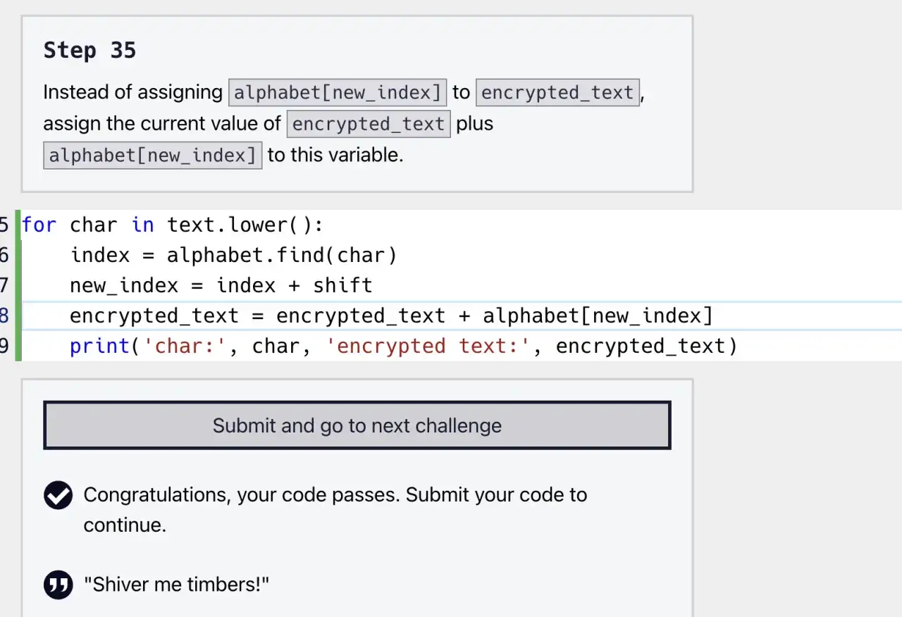 Extrait de code Python montrant une boucle pour traiter le texte en minuscules. Le code calcule un nouvel index et ajoute un caract&egrave;re &agrave; `encrypted_text`.