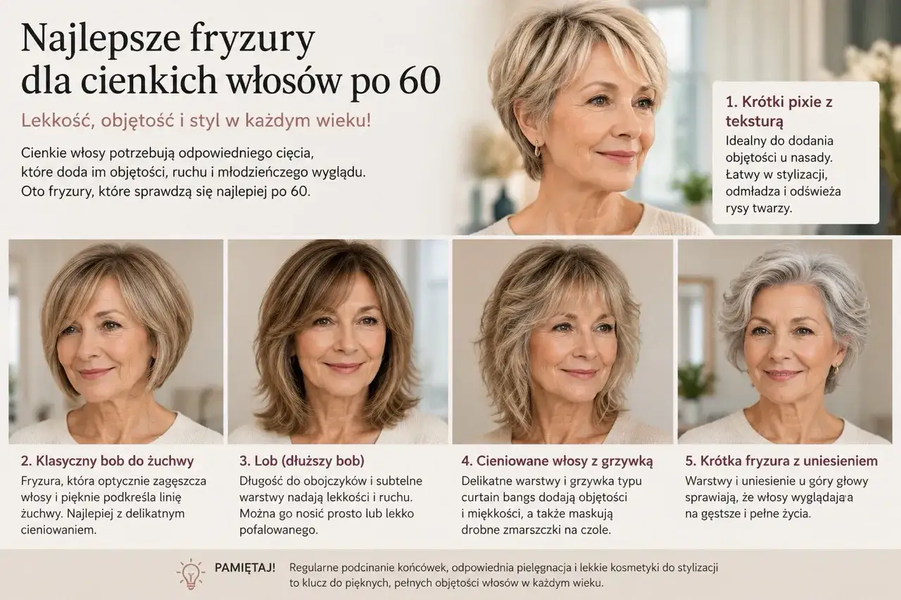 Pięć inspirujących fryzur po 60 dla cienkich włos&oacute;w: pixie, bob, lob, cieniowane z grzywką i uniesione. Dodają lekkości i objętości.