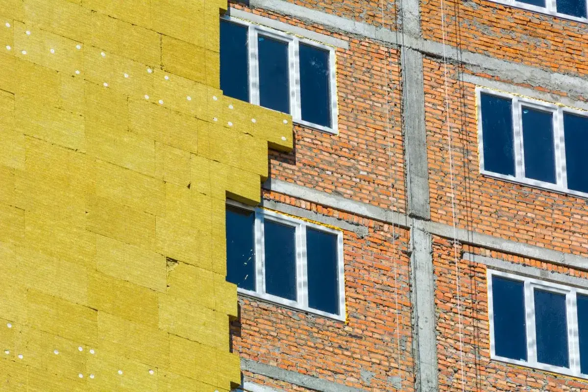 Edificio in costruzione con isolamento a cappotto termico giallo. L'obbligo cappotto termico 2030 è sempre più vicino.