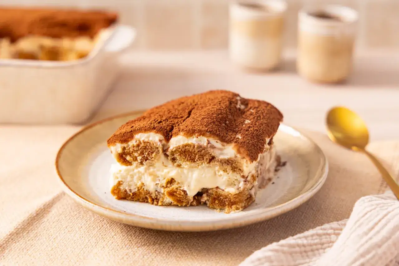 Ein Stück Tiramisu, zubereitet nach einem einfachen tiramisu rezept, liegt auf einem Teller. Kakaopulver bedeckt die cremige Schicht.