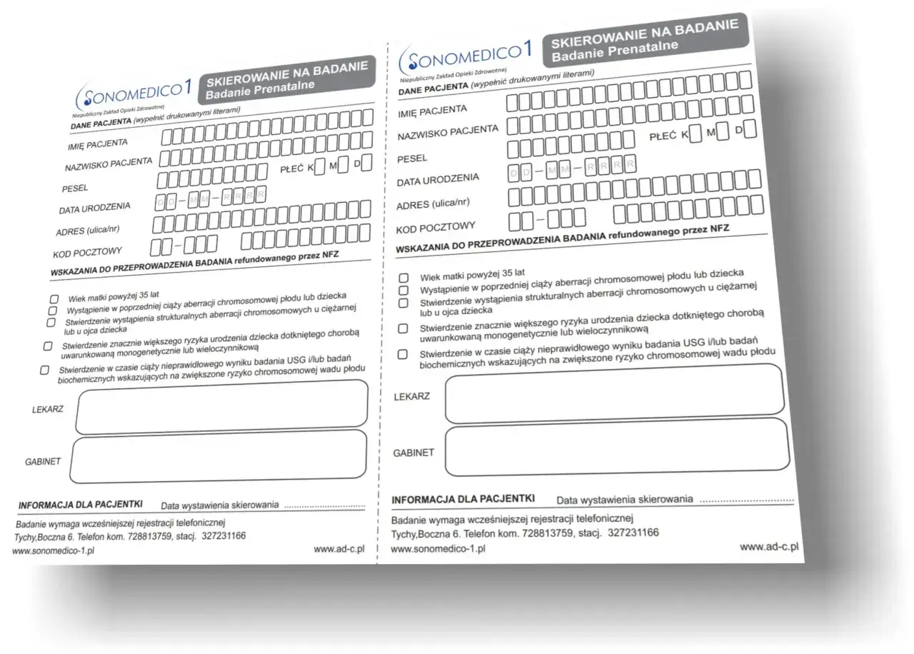 Dwa formularze skierowania na badanie prenatalne. Wypełnione dane pacjenta i wskazania do przeprowadzenia badania.