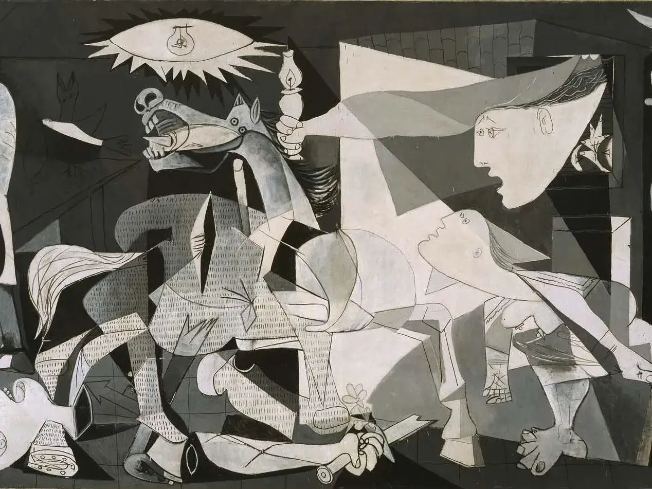 Un caballo agonizante, una madre con su hijo muerto y un ojo que ilumina la escena, son elementos de los cuadros de la edad moderna que transmiten el horror de la guerra.