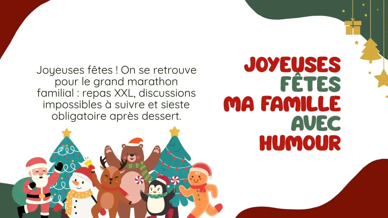 Joyeuses fêtes à tous avec humour ! Le grand marathon familial est là : repas XXL, discussions impossibles et sieste obligatoire après dessert.