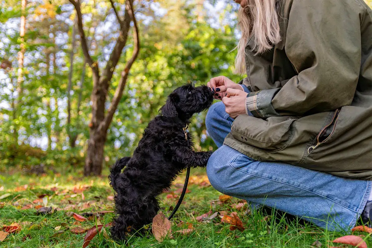 En person ger en svart hund en godbit utomhus. En fin stund som följer djurskyddslagen hund.