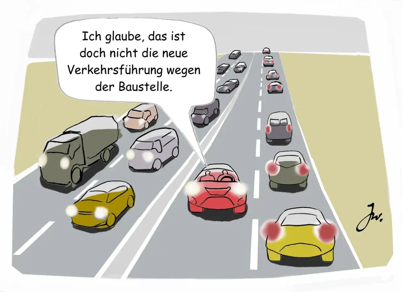 Ein Auto f&auml;hrt auf der falschen Spur, was zu einer Geisterfahrer-Strafe f&uuml;hren k&ouml;nnte. Die Insassen sind verwirrt &uuml;ber die neue Verkehrsf&uuml;hrung.