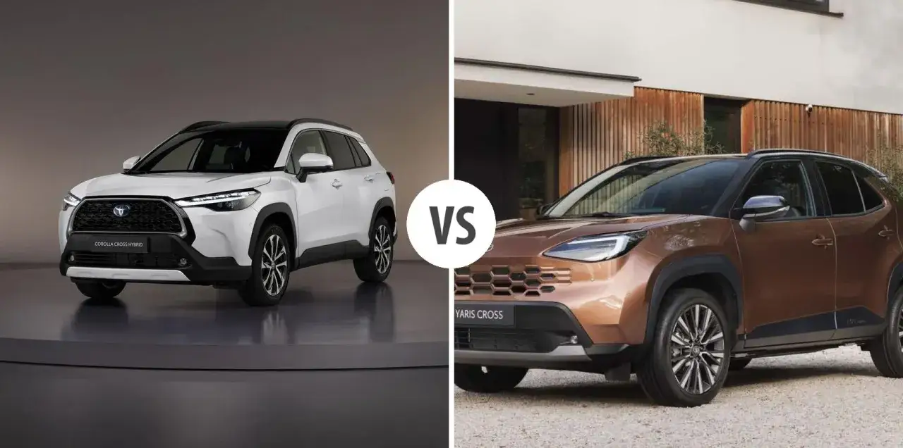 Porównanie białej Toyoty Corolla Cross Hybrid i brązowej Toyoty Yaris Cross.