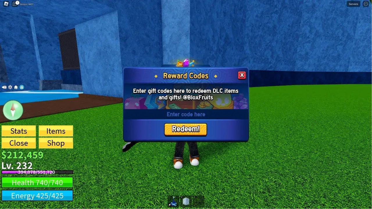 Ventana de códigos de Blox Fruits para canjear ítems y regalos. ¡Introduce aquí tus códigos!
