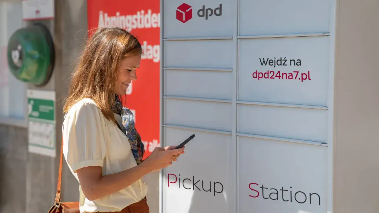 Kobieta sprawdza telefon przy automacie DPD Pickup Station. Przesyłka niedoręczona, odbiorca nieobecny.