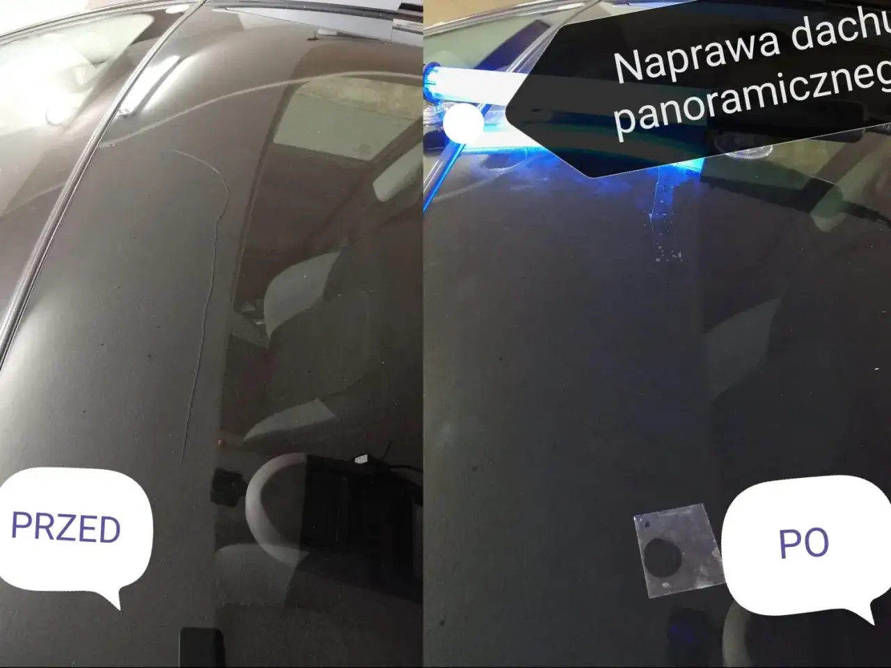Naprawa odprysku na szybie panoramicznej. Przed i po zabiegu.