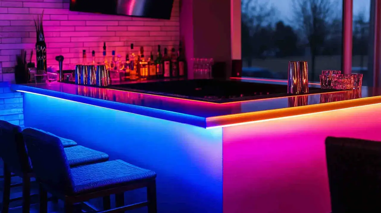 Barra de bar moderna con iluminación LED azul y rosa, botellas de licor y vasos en la encimera. Las barras LED techo crean un ambiente vibrante.
