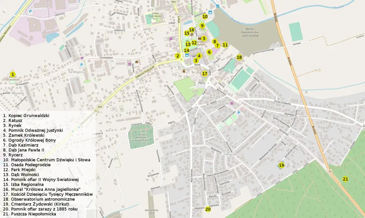 Mapa pokazuje centrum Niepołomic z zaznaczonymi atrakcjami: Kopiec Grunwaldzki, Ratusz, Rynek, Zamek Królewski, Park Miejski i Puszcza Niepołomicka.