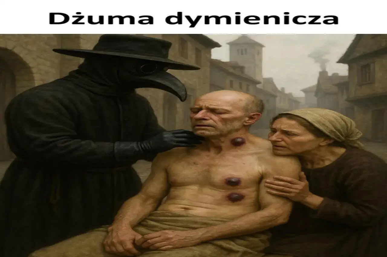 Czarna postać w masce lekarza bada chorego mężczyznę z widocznymi objawami dżumy płucnej. Kobieta z troską patrzy na cierpiącego.