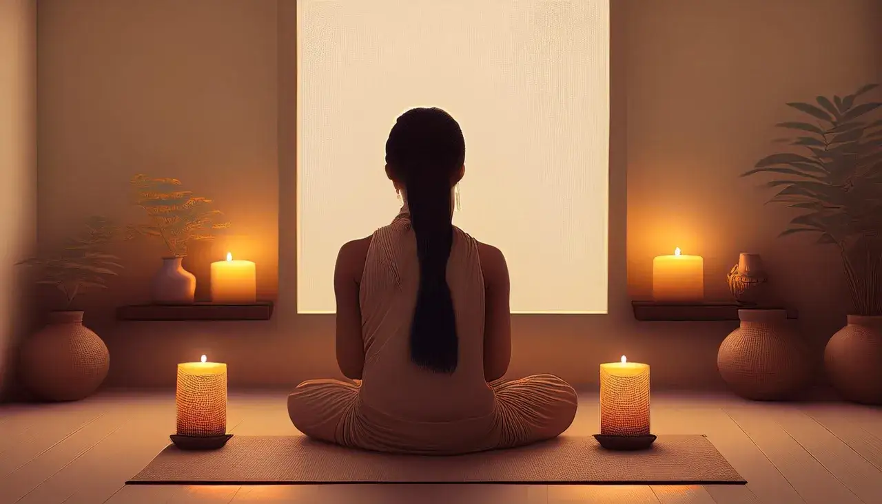 A woman meditates daily in a serene room, surrounded by candles and plants.