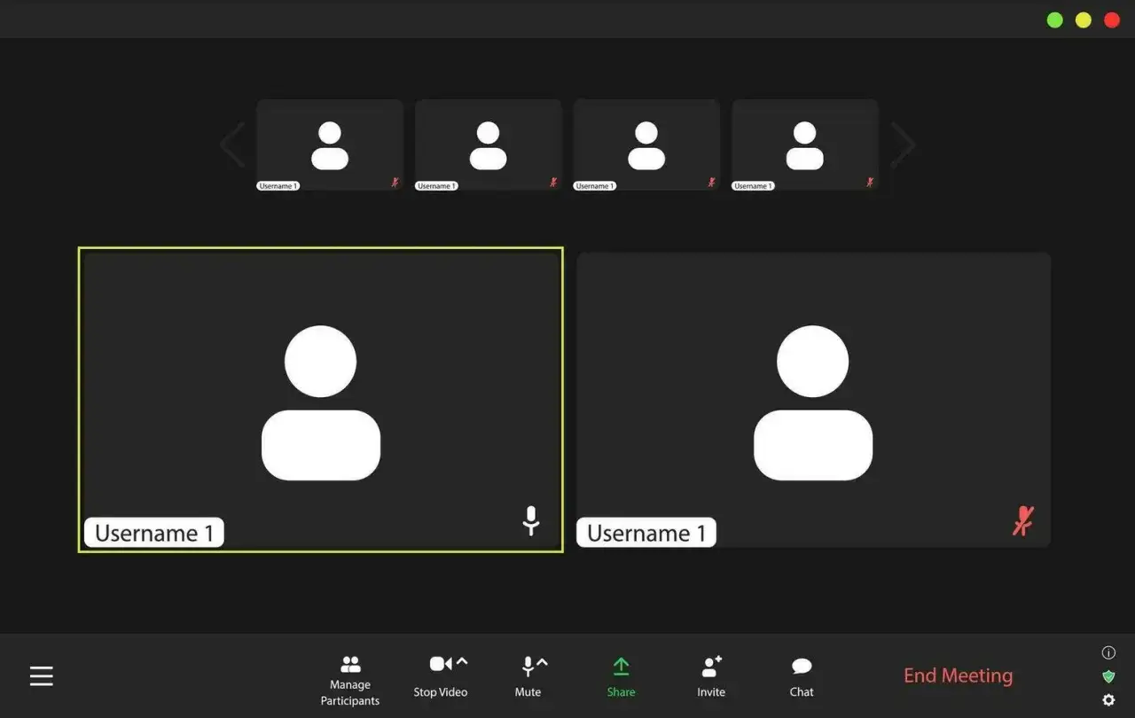 Interfejs wideokonferencji, podobny do Skype, z dwoma głównymi oknami rozmówców i czterema mniejszymi u góry.