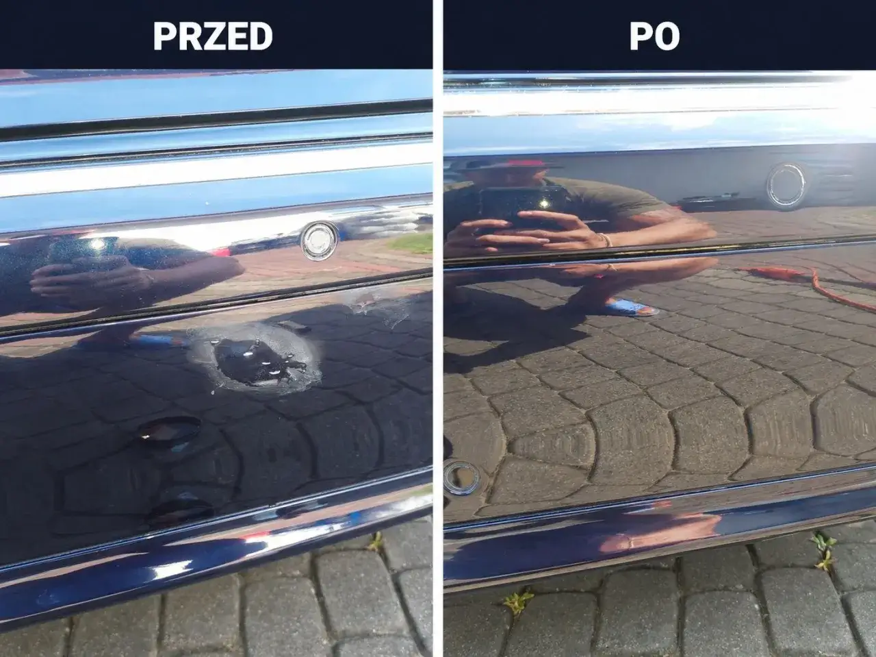 Przed i po: jak usunąć rysy z auta. Widoczne uszkodzenie lakieru na ciemnym samochodzie, a następnie efekt naprawy.