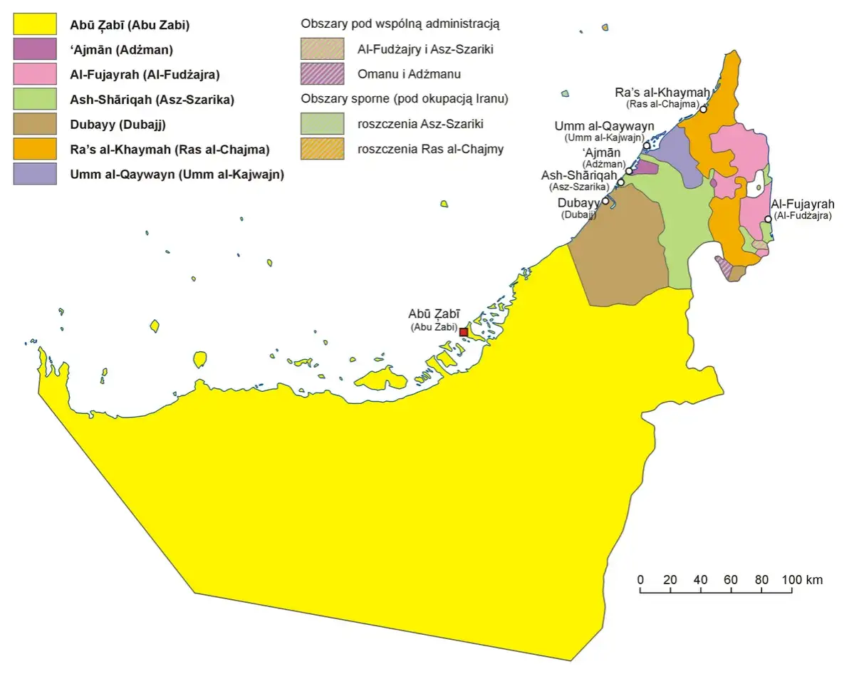 Mapa Zjednoczonych Emiratów Arabskich z zaznaczonymi emiratami