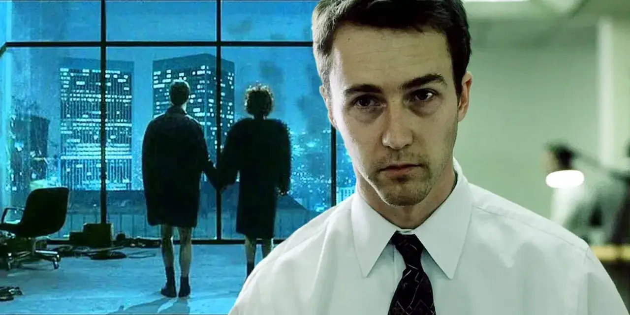 I **fight club personaggi** guardano la città da una finestra. A destra, un uomo con camicia bianca e cravatta.