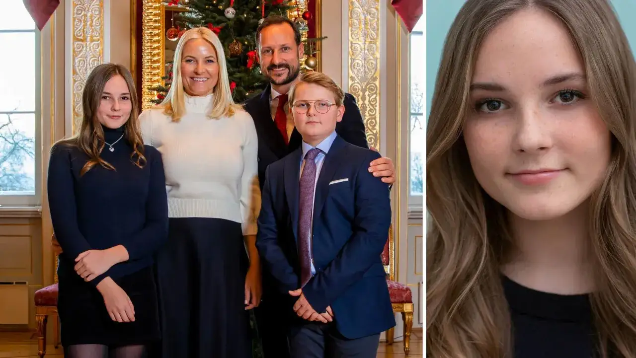 Mette-Marit med familjen, inklusive barnen Ingrid Alexandra och Sverre Magnus, framf&ouml;r en julgran. Till h&ouml;ger en n&auml;rbild p&aring; prinsessan Ingrid Alexandra.