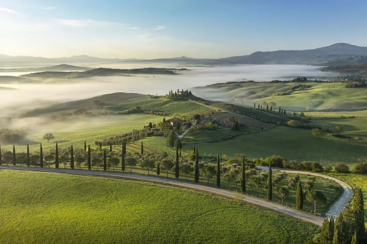 Dolce nebbia mattutina avvolge le dolci colline della Val d'Orcia, con cipressi che fiancheggiano una strada sterrata verso un casale. Perfetta vacanza in Val d'Orcia.