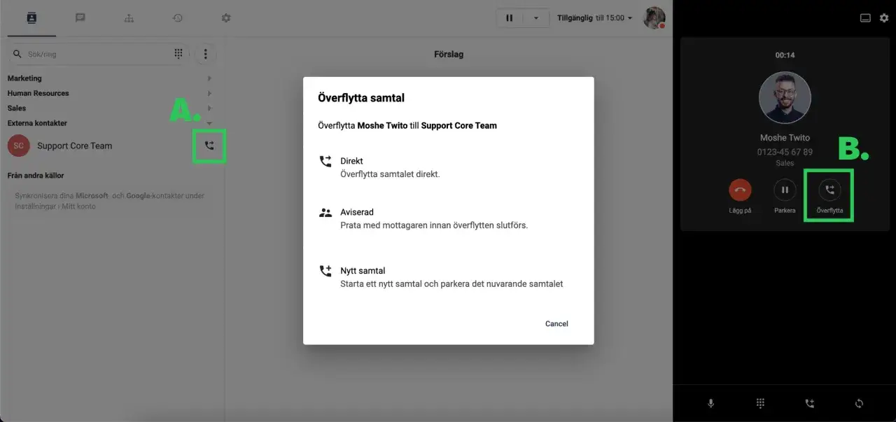 Bilden visar hur man kan vidarekoppla samtal p&aring; Android. En ruta f&ouml;r 