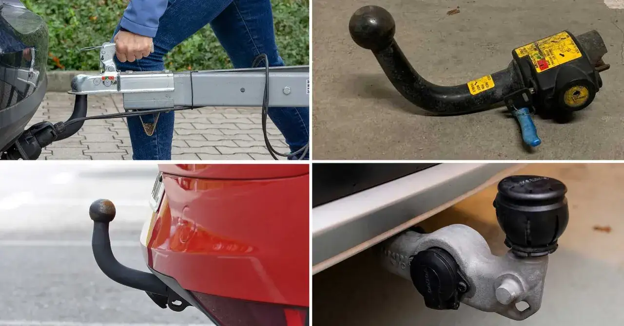 Bilderna visar olika typer av dragkrokar, fr&aring;n en som kopplas till en sl&auml;pvagn till en som &auml;r monterad p&aring; en bil. En person f&ouml;rbereder sig f&ouml;r att koppla en sl&auml;pvagn. Det kan vara dags att ta bort dragkrok.