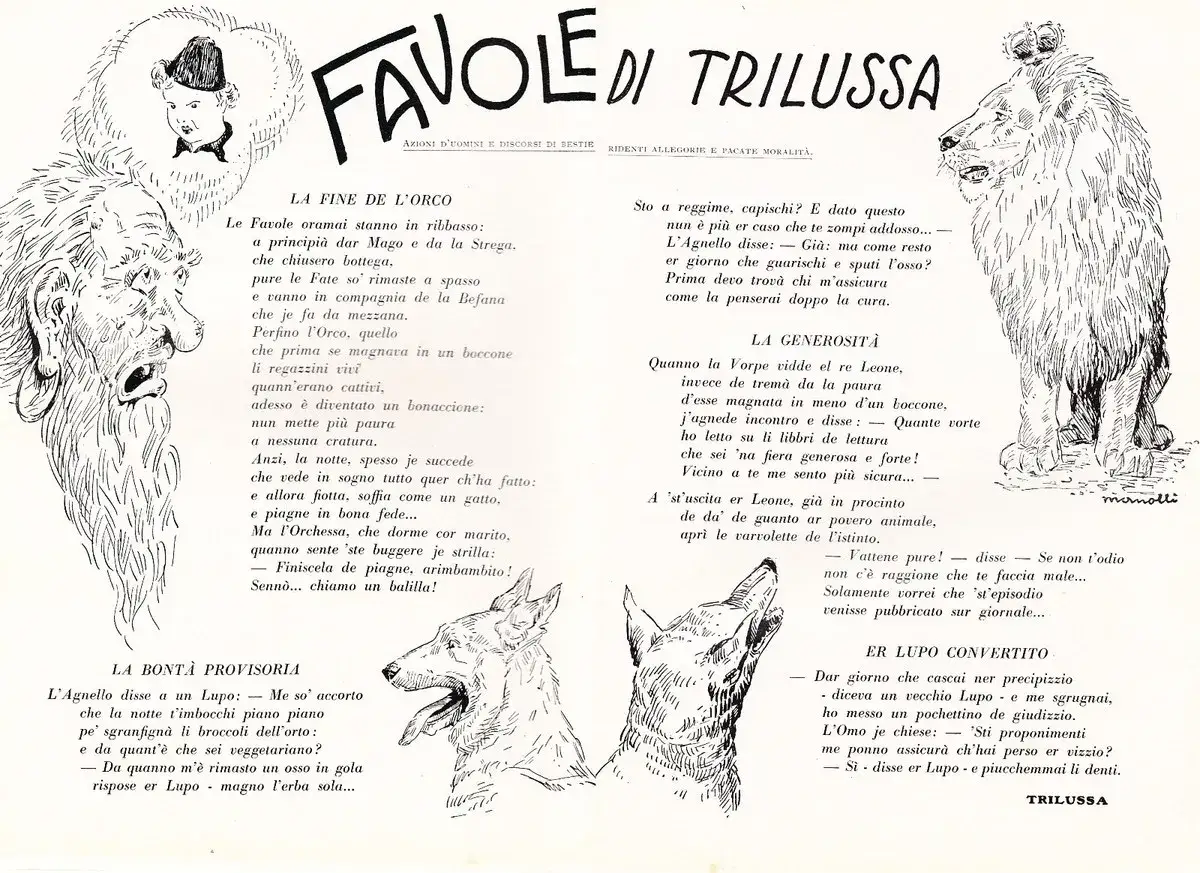 Le favole di Trilussa, con illustrazioni di animali e personaggi fantastici, esplorano il significato di 