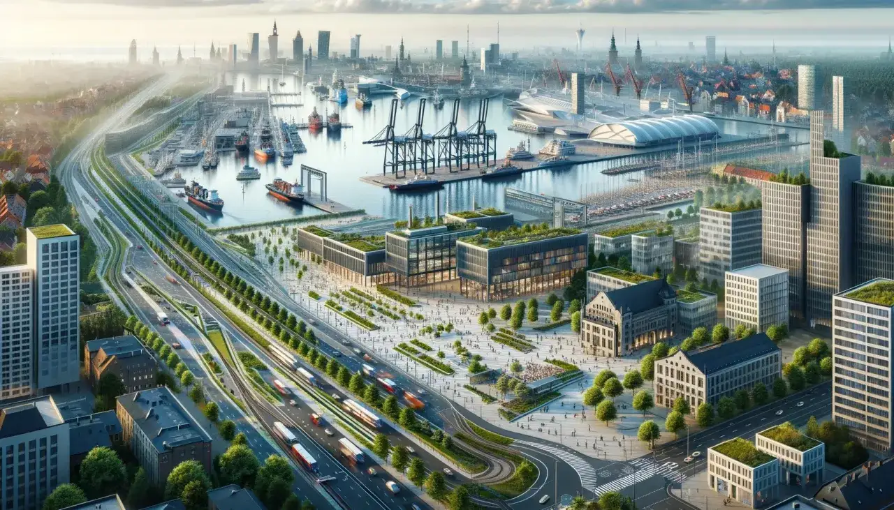 Nowoczesne centrum miasta i port w Szczecinie. Widoczne nowe budynki, drogi i tereny zielone, świadczące o dynamicznych szczecin inwestycje.