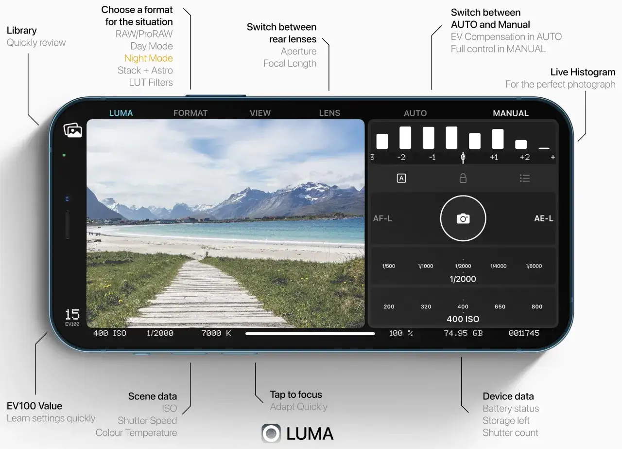 Interface de l'application appareil photo iPhone LUMA. Contr&ocirc;les pour le format, la mise au point, l'exposition et le choix des objectifs.