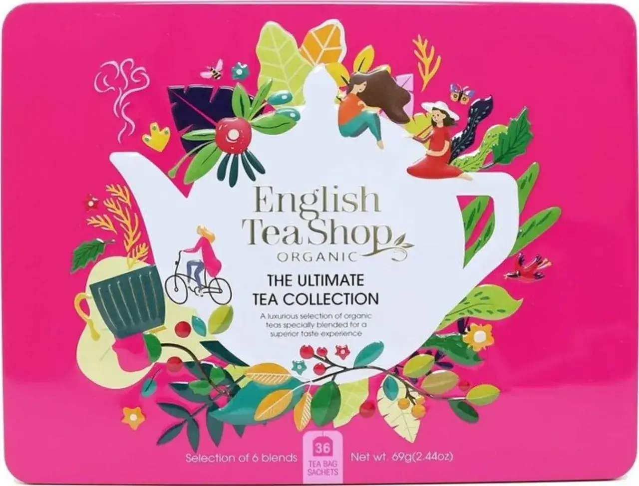 Pudełko z herbatą English Tea Shop Organic. Wesoła grafika z dzbankiem, ludzikami i roślinami.