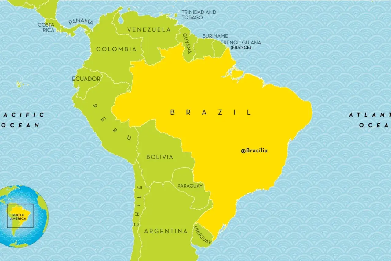 Mapa Ameryki Południowej. Zółty obszar to Brazylia, granicząca z Peru, Boliwią, Paragwajem, Argentyną, Urugwajem, Kolumbią, Wenezuelą, Gujaną, Surinamem i Gujaną Francuską.