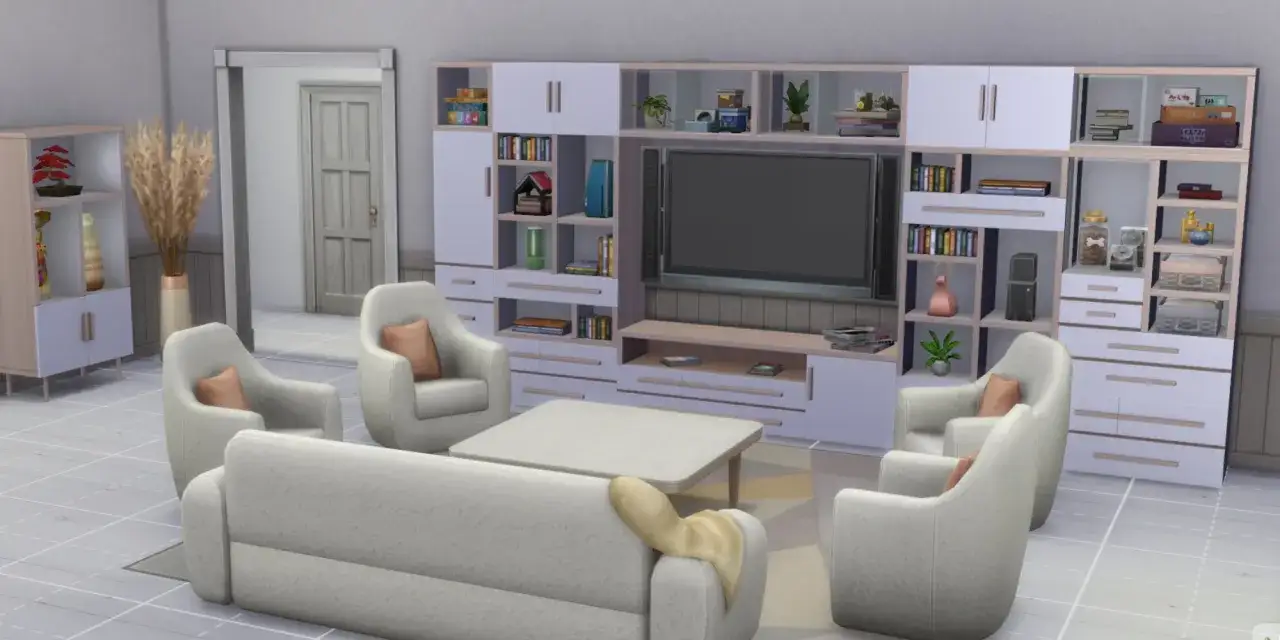 Nowoczesny salon z wygodną kanapą i fotelami. Znajdź kody do The Sims 4 na meble, by stworzyć podobne wnętrze.