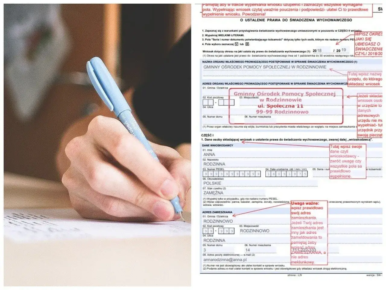 Wniosek o świadczenie wychowawcze, gdzie wpisano dane wnioskodawcy Annę Rodzinną i adres zamieszkania. To ważny krok w procesie ubiegania się o kapitał opiekuńczy.