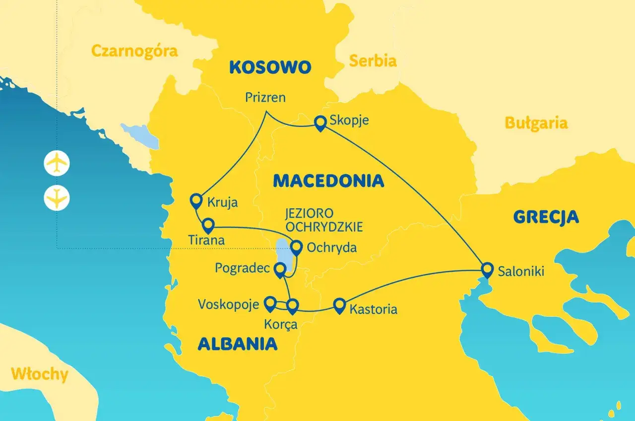 Mapa Bałkanów z zaznaczoną trasą podróży przez Albanię, Macedonię, Kosowo i Grecję. Planujesz podróż? Sprawdź, czy do Albanii potrzebny jest paszport.