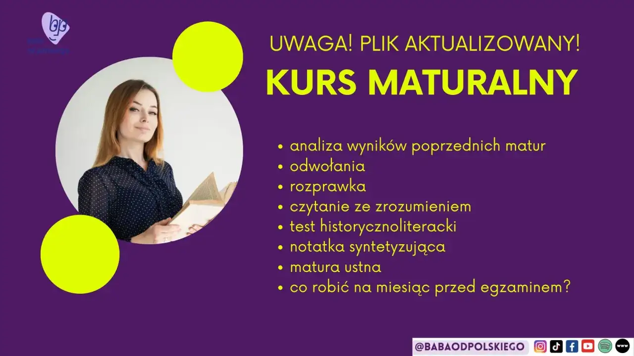 Kobieta z książką zaprasza na kurs maturalny. Analiza wyników, rozprawka, matura ustna – przygotuj się do matury 2026!