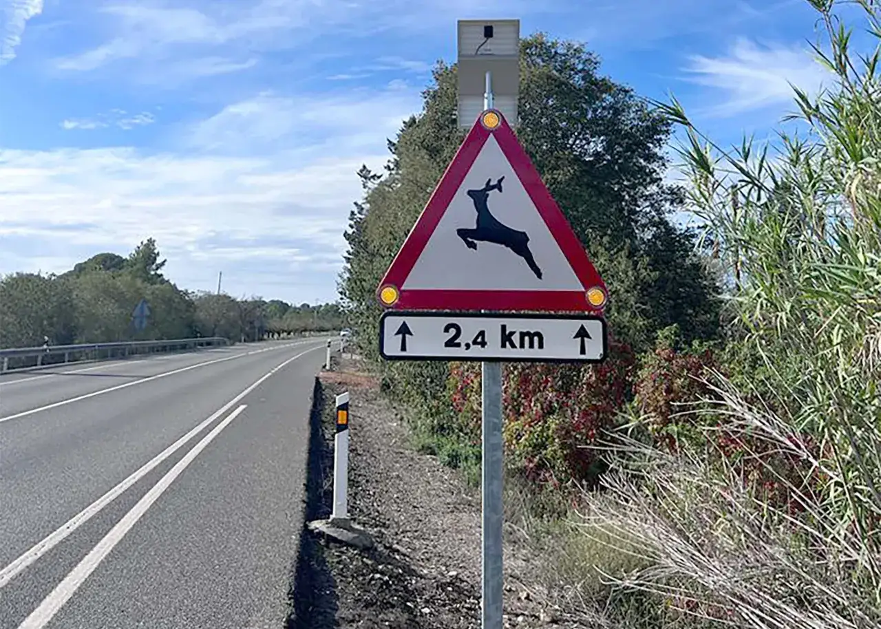 Se&ntilde;al de advertencia de ciervos en autopista, indicando peligro de accidente.