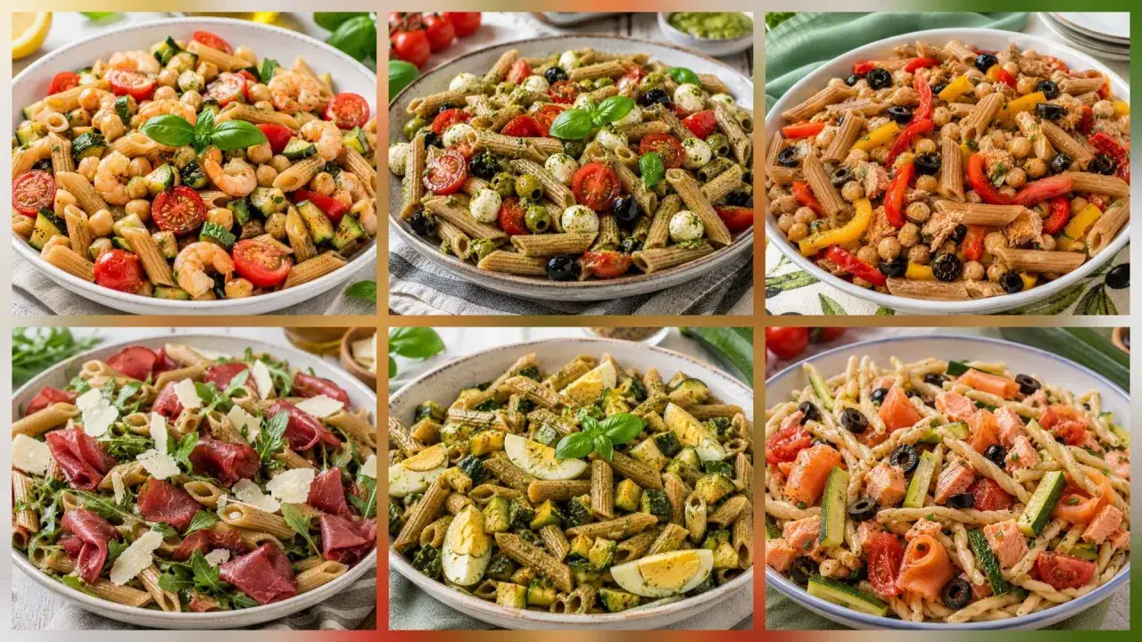 Sei piatti di pasta fredda gourmet: con gamberi, pesto, tonno, bresaola, uova e salmone. Perfette per un pasto estivo.