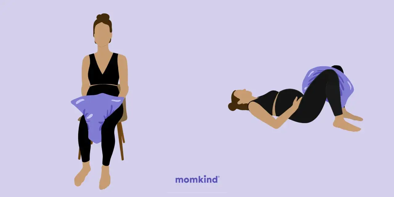 Gravid kvinna med ont i skinkan. &Ouml;vning med kudde f&ouml;r lindring.