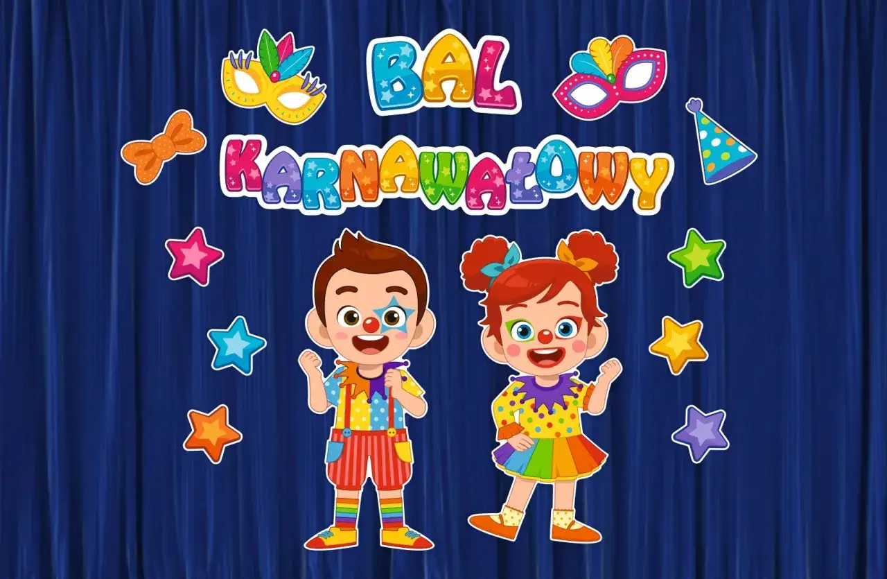 Wesołe zabawy karnawałowe w przedszkolu! Dzieci w strojach klaunów, kolorowe maski i gwiazdki na tle niebieskiej kurtyny.
